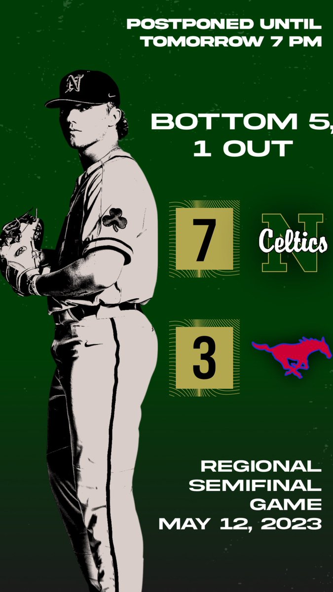 SJN_Baseball's tweet photo. RHP @KozeraTyler was cruising in the Dist 12 Class 2A Regional Semifinal against Northside Christian when the game was suspended due to inclimate weather. Celtics will resume play back in St. Petersburg at 7PM tonight with a 7-3 lead in the bottom of the fifth with 2 on and 1 out https://t.co/pHGgeV3Ijz