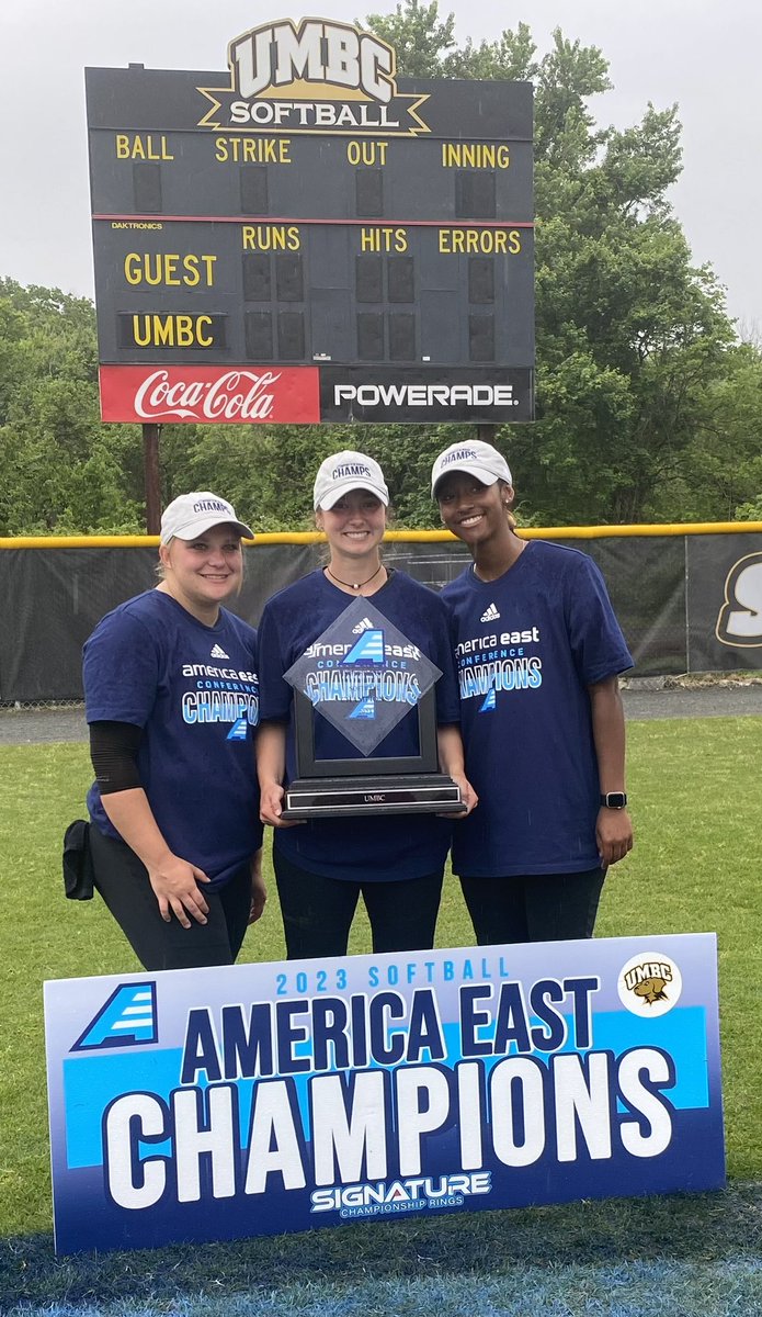 Congrats to Lyndsey Evix, Shanel Stott, Amaya Carroll and the whole UMBC softball team on winning the America East Championship!  Here are our former Thunder girls showing off the trophy.