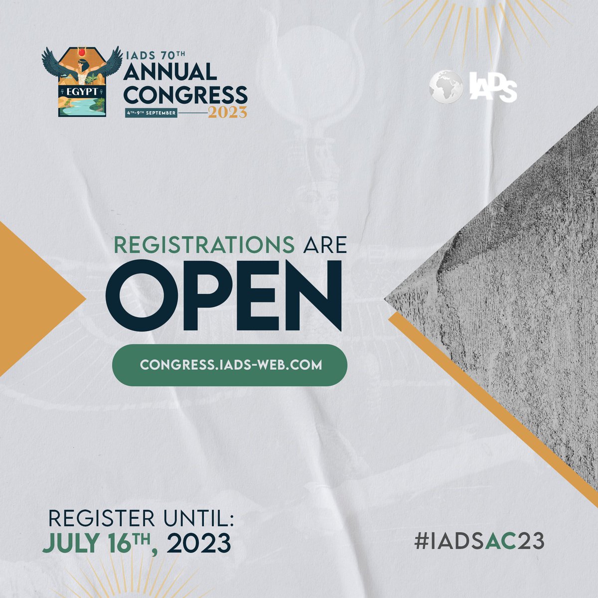 We can’t hide our excitement any more! On September’23, join #IADSAC23 in Egypt, an extraordinary special congress, a place to learn, connect with dental student worldwide and have the best time of your life! Register at: congress.iads-web.com #iadsac23 #iadsacegypt #ngo