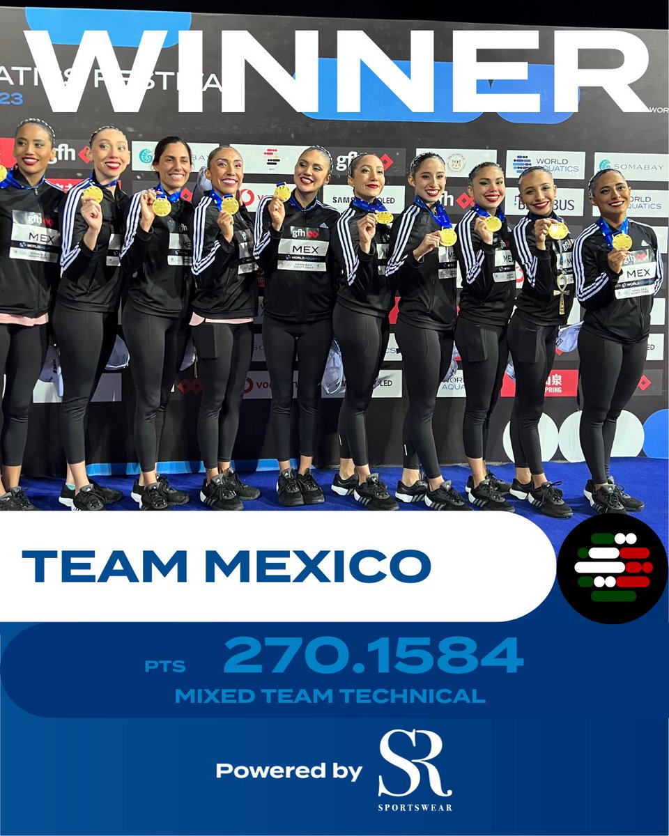 WorldAquatics's tweet photo. 🇲🇽🇲🇽 Team Mexico surprises everyone and takes gold in the Mixed Team Technical at the #ArtisticSwimming World Cup🤩

Powered by srsportswear https://t.co/s2G6imwcVO