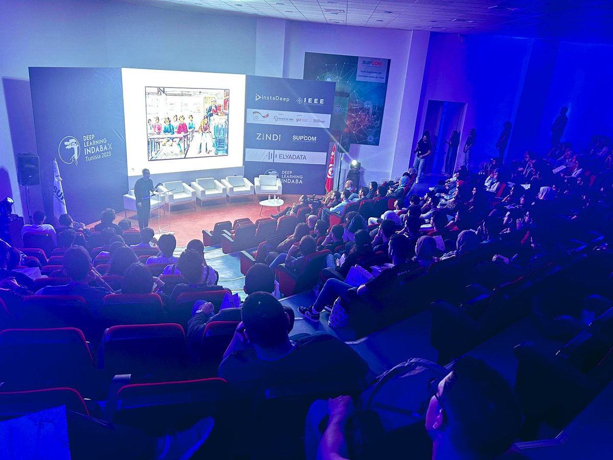 kbeguir's tweet image. What a packed auditorium for my keynote @IndabaxTunisia 2023! It was awesome to discuss progress and limitations of LLMs with such an enthusiastic public! Big thanks to our partners Sup’Com, IEEE, ELYADATA and all volunteers for this quality event! #IndabaXTunisia2k23 #InstaDeep