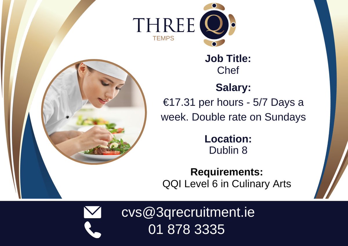 3QRecruitment's tweet image. We at @ThreeQ are currently seeking a chef to join our team on behalf of our clients. Hours are 7:30 AM - 4:00 PM. If you're interested, please apply below! #NowHiring #ChefJob #ChefLife