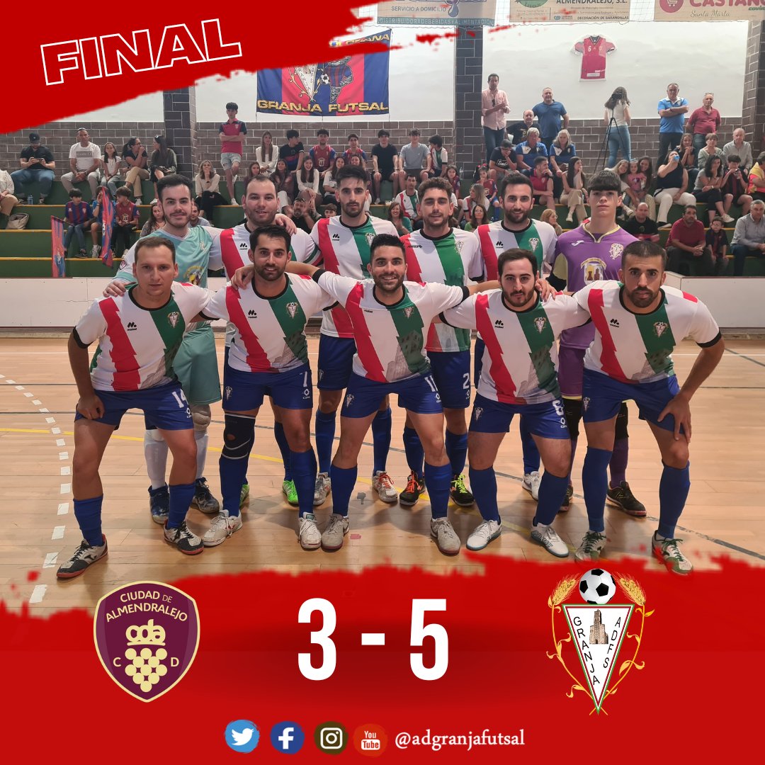 Final del partido
@CDCAlmendralejo 3-5 <a href="/adgranjafutsal/">Granja Futsal</a>
Gran resultado en un partido disputado en el que tocó trabajar para conseguir la victoria.
Increíble el centenar de aficionados granjeños que nos llevó en volandas, GRACIAS
⚽️⚽️ <a href="/jesuspila9/">Jesus</a>
⚽️⚽️ <a href="/MoisesDjokovic/">MoisesDjokovic</a> 
⚽️ <a href="/Rruby31/">ruby31</a>