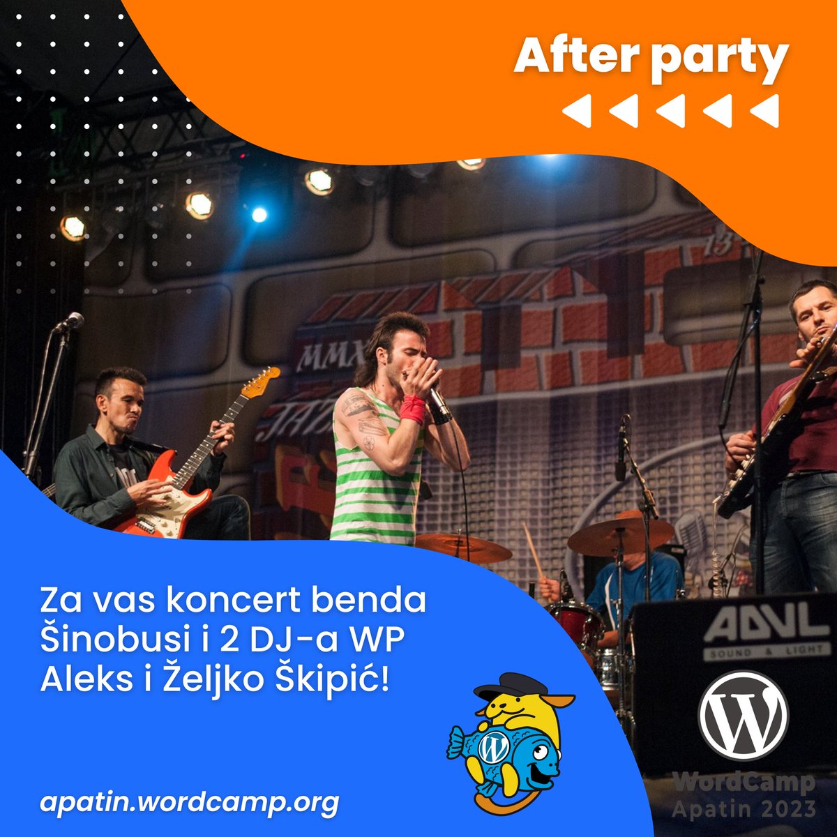 Na after partiju nas očekuje grupa Šinobusi da nas dobro razdrmaju gitarama, a naše dve WordPress legende Aleksandar Savković i Željko Škipić da umesto Gutenberg "mašine" preuzmu mixete i dobro nas resetuju svojim DJ setovima.

apatin.wordcamp.org/2023/after-par…
