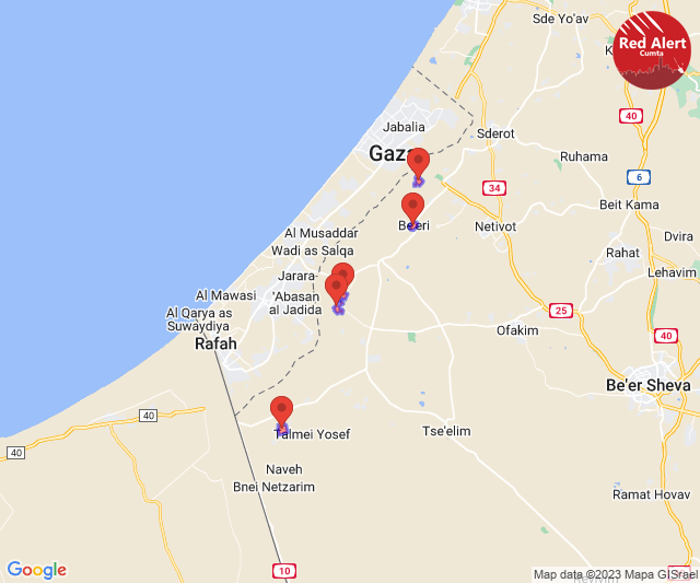 CumtaAlertsEng's tweet photo. Red Alert [13/05/2023]:

21:56:
Be'eri

21:57:
Ein HaShlosha, Nirim

21:58:
Yated, Nachal Oz

Sent via @CumtaAlertsEng https://t.co/F2plGlHtqD