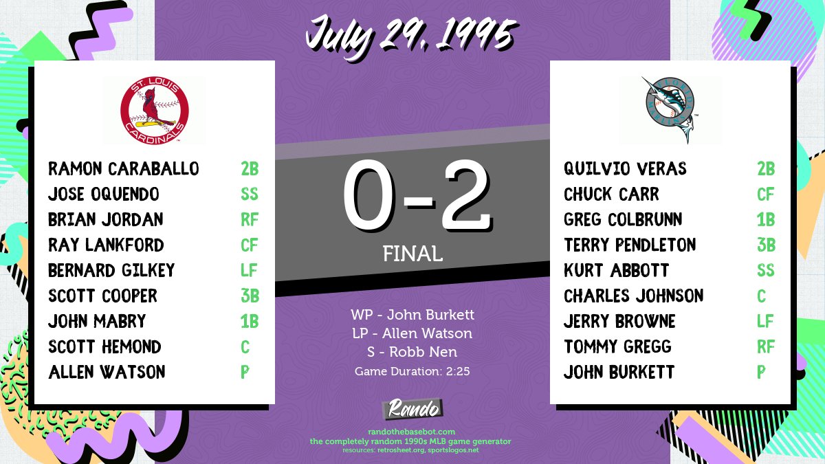 RandoBasebot's tweet image. Today&apos;s completely random game is @Cardinals vs. @Marlins on July 29, 1995. #RandoBasebot

🤖: randothebasebot.com/?game=SLN_FLO_…