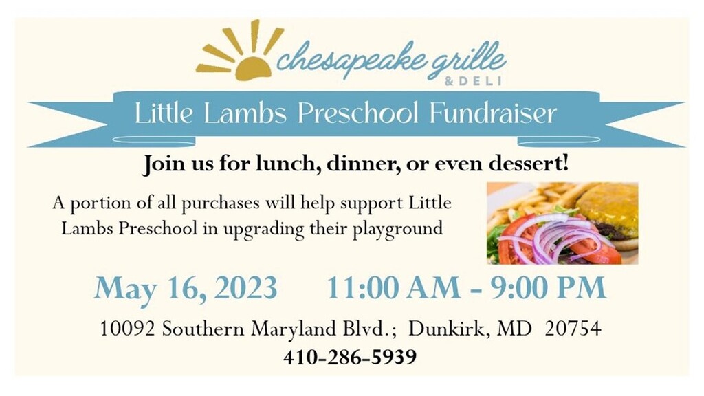 FLC_LCMS's tweet photo. Eat at Chesapeake Grill this Tuesday to support our Little Lambs Preschool! https://t.co/P4KJhkoED3