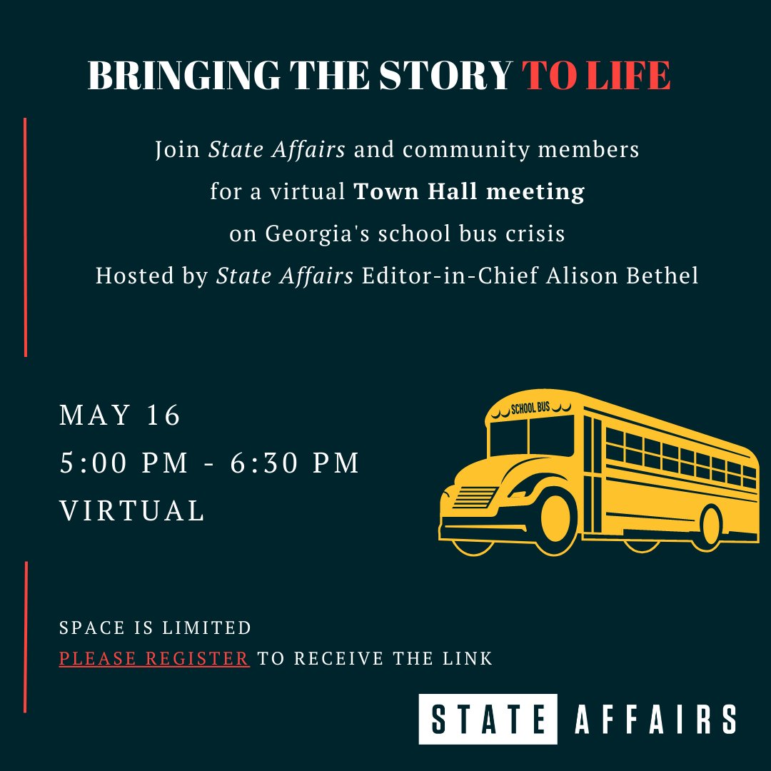 StateAffairsGA's tweet image. Do you want to learn more about Georgia's struggling school bus system?
Join us on Tuesday for a conversation about the school bus crisis.

Space is limited, so register today! 👉 bit.ly/3O5Vbow 
#gapol #school #gaed #education