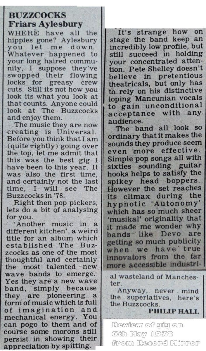 #OTD Saturday 13th May 1978
4️⃣5️⃣ years ago
Review of Buzzcocks at Friars, Aylesbury (6th May 1978) by Philip Hall in #RecordMirror.
'Where have all the hippies gone?' 😀