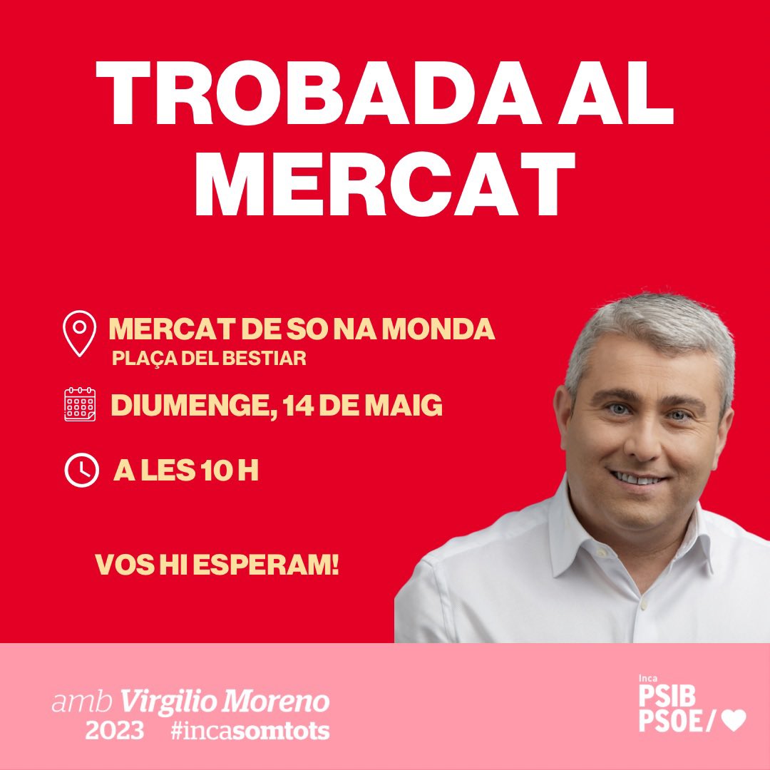 SocialistesInca's tweet photo. 🌹Demà dematí ens veiem al mercat de So Na Monda a partir de les 10h del matí i després Festa de la Rosa!
❤️ T’esperam!
#PerTu
#PerTothom
#PerInca https://t.co/UAVlzCfRyj