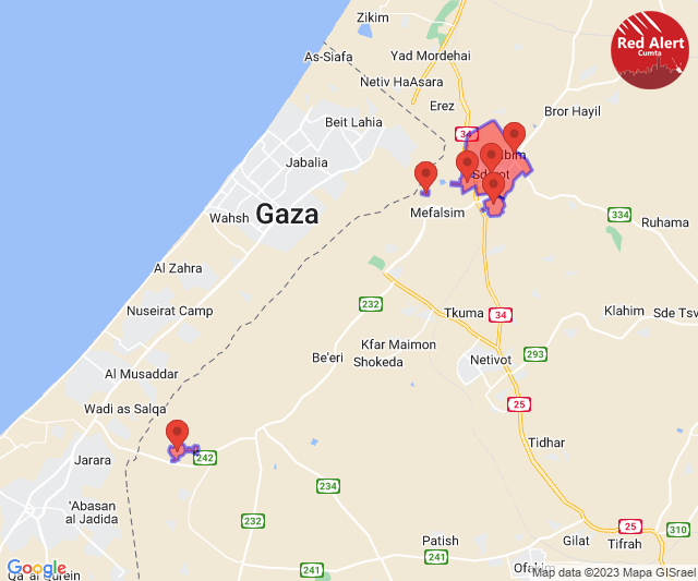 CumtaAlertsEng's tweet photo. Red Alert [13/05/2023]:

22:07:
Kissufim

22:08:
Sderot, Ibim, Nir Am, Nir Am Shooting Range, Gavim, Sapir College

Sent via @CumtaAlertsEng https://t.co/40OmD1pWGB