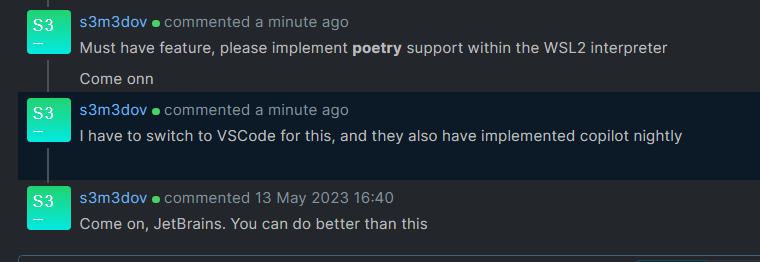 s3m3dov's tweet image. &quot;We don&apos;t support virtual environments inside WSL. 
There is a related ticket in our issue tracker about that&quot;

youtrack.jetbrains.com/issue/PY-32853
youtrack.jetbrains.com/issue/PY-52688….