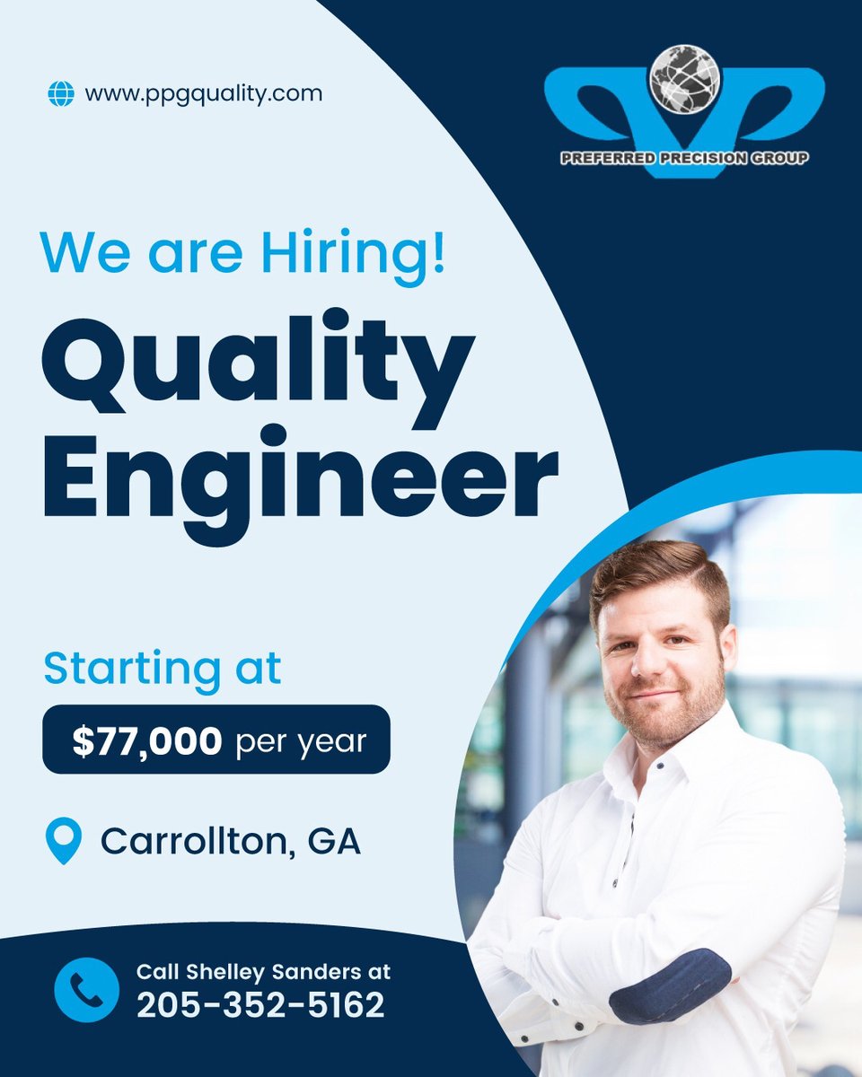PPG_Quality's tweet photo. Attention Quality Engineers!

PPG is hiring for a Quality Engineer position at our Carrollton, GA location.

We're offering a highly competitive starting pay of $77,000.

To apply, please contact Shelley Sanders at 205-352-5162.

#hiring #qualityengineer #PPG #carrolltonga https://t.co/MriuXzlupP