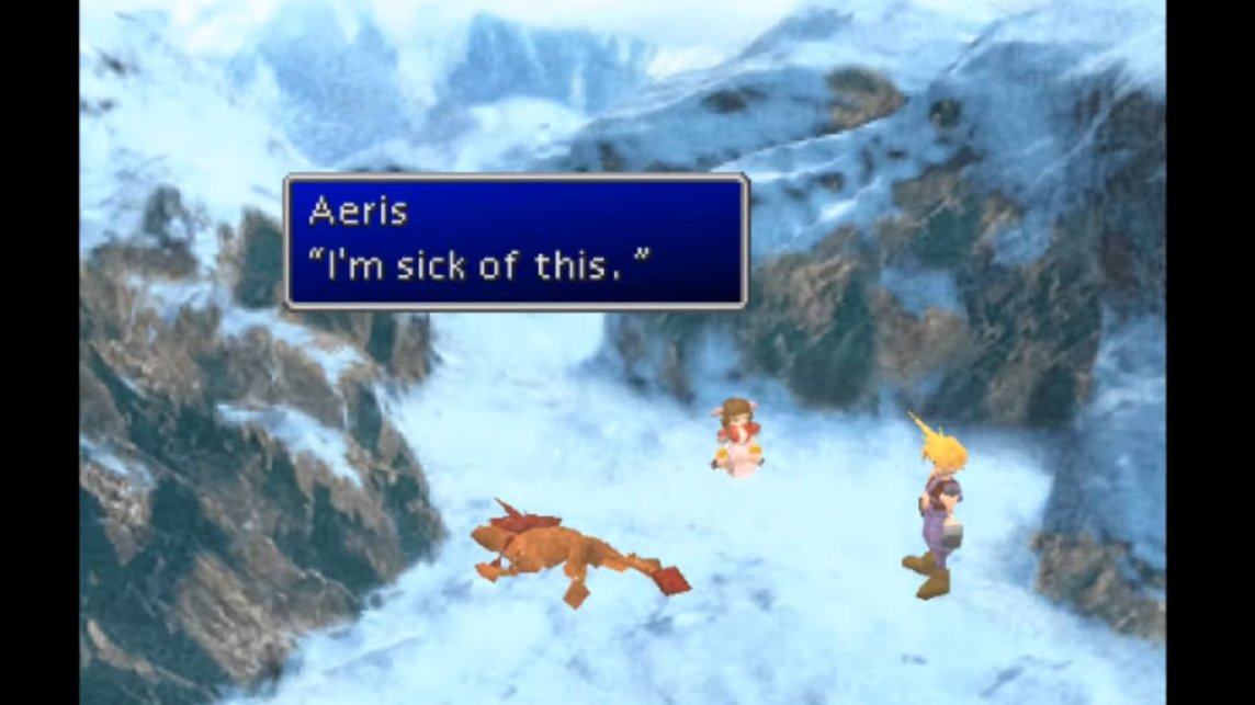 FF7_Trivia's tweet photo. Though Aeris dies and is no longer available as a party member after the end of disc 1, she still has a unique line of dialogue after the snowboarding minigame in the Great Glacier. If she is in your party, she is programmed to say, "I'm sick of this."

#Aerith #FF7 https://t.co/BZGoE2hId4
