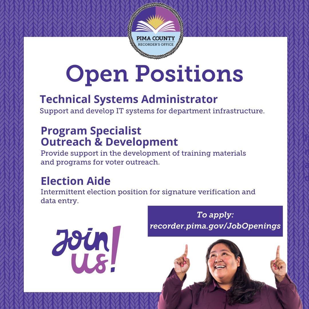PimaRecorder's tweet image. We&apos;re hiring! Join our amazing team of dedicated employees in a growing and dynamic office. We are hiring two permanent positions and one intermittent position (temporary help.) 

recorder.pima.gov/JobOpenings

#Election2024
