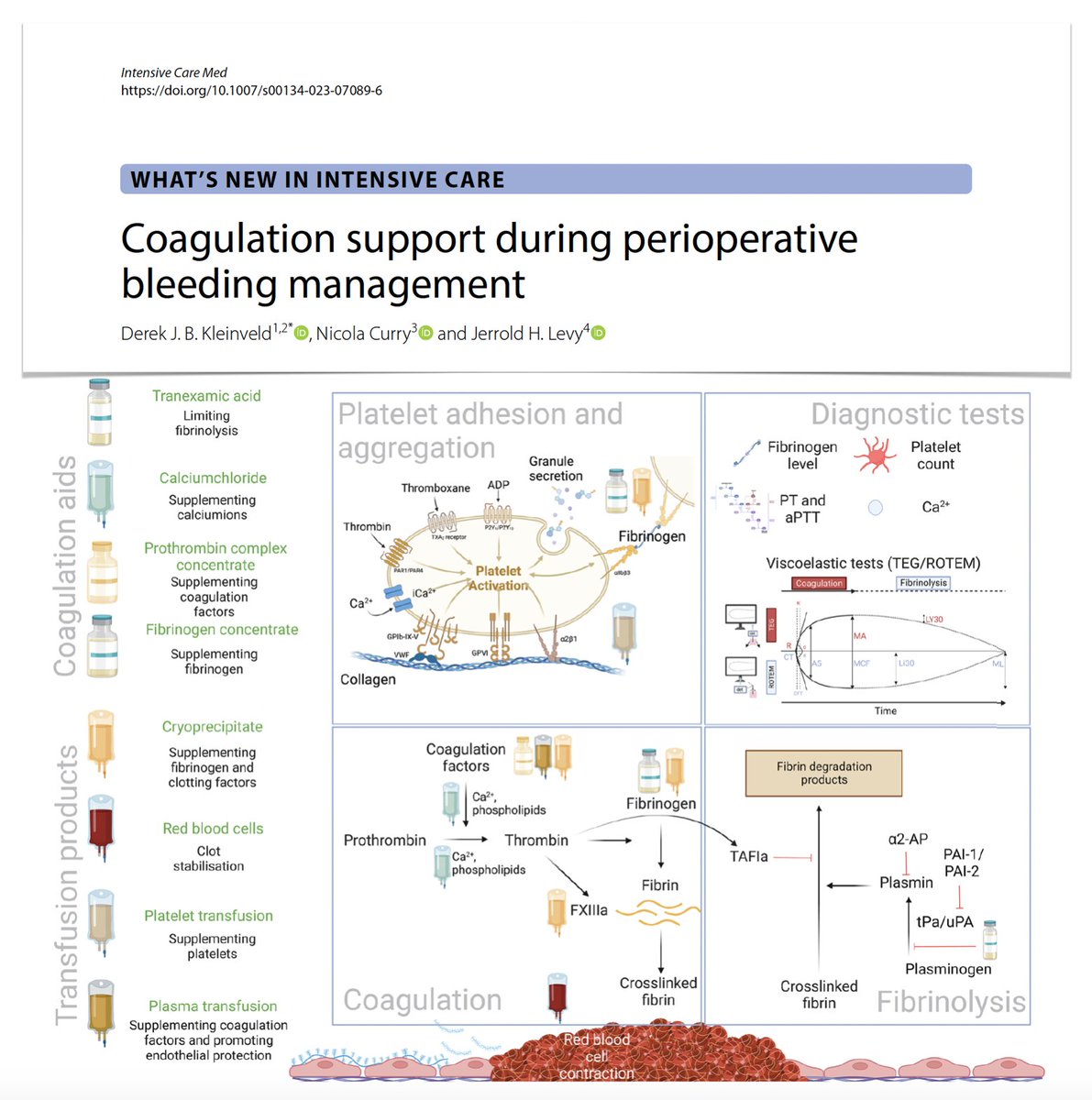 Coagulation & perioperative bleeding 🩸fibrinogen source/dose/time 🩸Ca++: just vs citrated blood products? 🩸PCCs/factor concentrates 🩸TXA 🩸plasma: volume or coagulation? 🩸PLTs as primary components 🩸RBCs not just DO2 🩸targeted coagulation support 🖇️ bit.ly/3VWMAGN