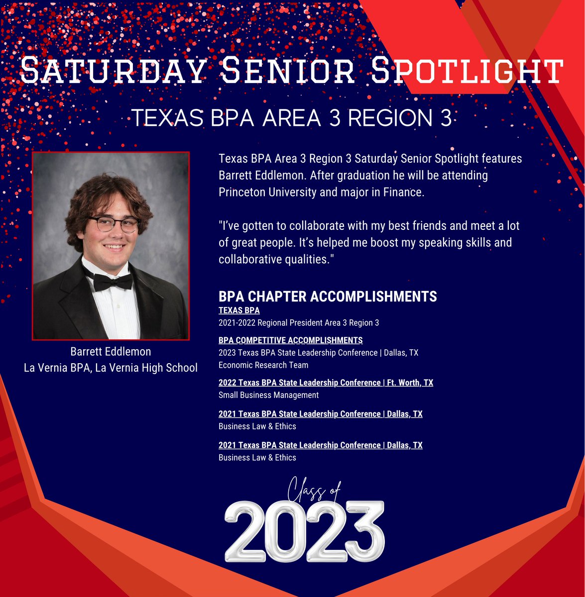 txbpaa3r3's tweet photo. Texas BPA Area 3 Region 3 Saturday Senior Spotlight shines on Julian Bermea💫 &amp; Barrett Eddlemon💫 #bpaallday 
@txbpa @officers_bpa @bpaconnect @bpaseguin @laverniabpa https://t.co/2wjj5CCSVC