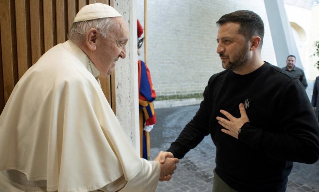 Ukrainian President Zelenskyy tells Pope Francis it’s ‘a great honour’ as the two meet today inside the Vatican, a first in-person meeting since Russia invaded Ukraine.