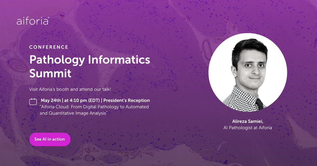 On May 23-25 we will be at the Pathology Informatics Summit in Pittsburgh, PA! Join our talk about Aiforia Cloud: From Digital Pathology to Automated and Quantitative Image Analysis on May 24 at 4:10pm. Visit our booth to see AI in action: hubs.la/Q01PG3j00 #PISUMMIT2023