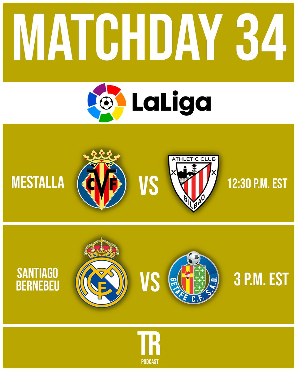 La Liga - Matchday 34

Villarreal vs Athletic Club (12:30 p.m. EST)
Real Madrid vs Getafe (3 p.m. EST)

#RealMadrid #Villarreal #AthleticClub #Getafe #LaLiga #Football https://t.co/wGW9GLFHkO