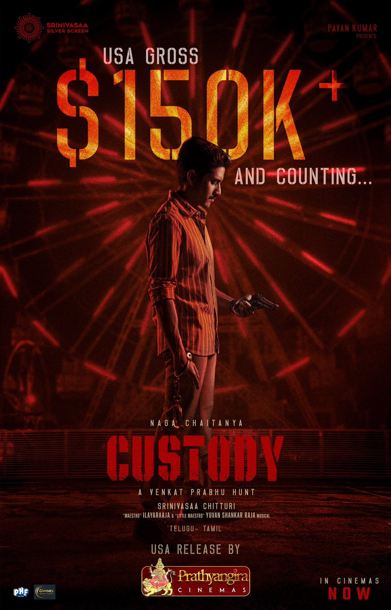 ChayAkkineniFc's tweet photo. #Custody USA gross reported at $150K+ and counting… 🔥🔥🔥

Book your tickets now 

USA Release by @PrathyangiraUS 

@chay_akkineni @IamKrithiShetty @vp_offl @thearvindswami @SS_Screens @srinivasaaoffl @VjaiVattikuti @PharsFilm https://t.co/O4L6LGOGoZ
