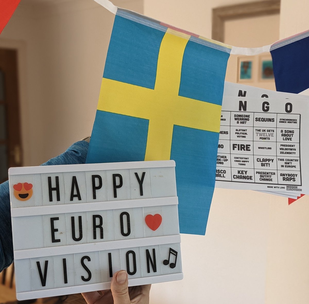 bethj457's tweet photo. Bunting up, bingo and sweepstakes printed. It's finally here, #Eurovision2023 my happiest day of the year 🎤🎸🇺🇦🇬🇧😍 x https://t.co/HAXefib0ph