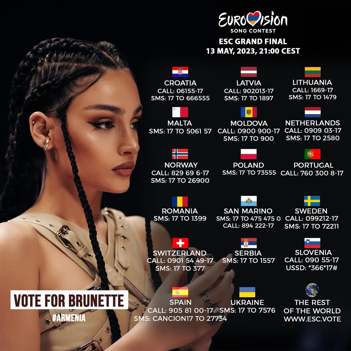 👋 Hello Europe. You can vote for Brunette by sending 17 to the following numbers. Watch Eurovision Song Contest’s Grand Final LIVE via your Public Broadcaster for more detailed information on voting.