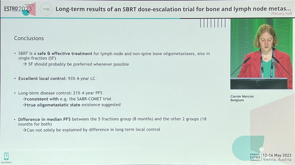 Long term results of a trial of SABR to lymph node and non-spine oligomets .

Excellent local control and 93%, very low toxicity and 20 Gy single fraction SABR appears safe.

#ESTRO23