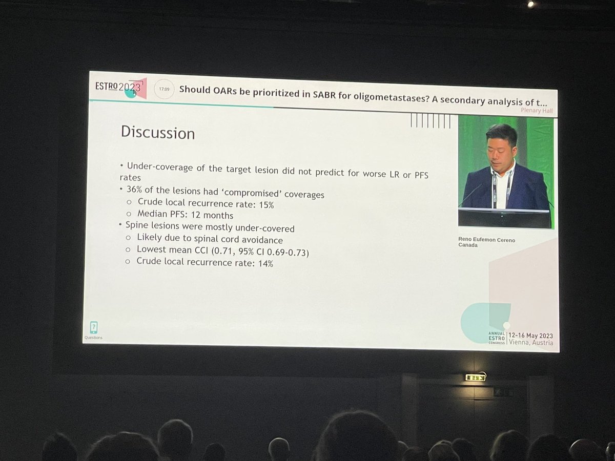 Do we need to reduce PTV to spare OARs?  2nd analysis of COMET 5 ph 2 trial. 
36% PTVs under covered. 
Under coverage  did not predict worse LR control of PFS. 
GTV likely still received full dose &amp; systemic therapy may contribute to this. 
So yes- safety first !#ESTRO2023