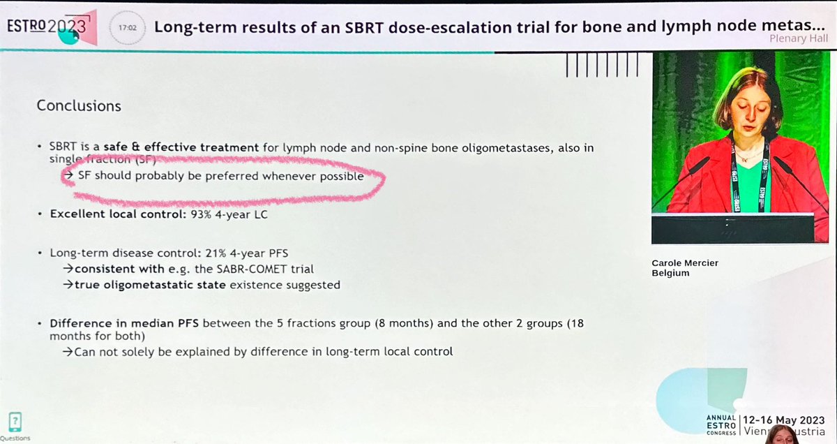 #ESTRO2023-  50 mo follow up from DESTROY fractionation trial from Carole Mercier.  Basket histo study of lymph and bone targets. mPFS lower for 5 fx SABR group (?But mostly distant failure, so unclear attribution). Nice to see the conclusion that single fraction 🥊is preferred!