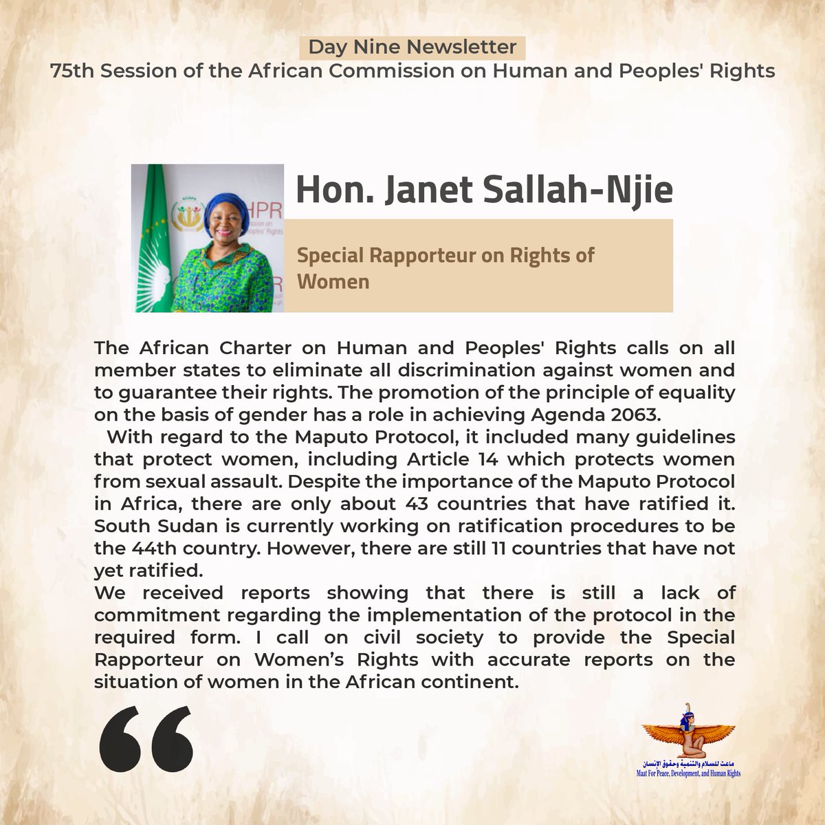 MaatforPeace's tweet photo. Maat is following up on the ninth consecutive day of the 75th session of the African Commission on Human and Peoples' Rights. In day 9, 4 panel discussions were organized.

#75OSACHPR
@achpr_cadhp https://t.co/mlxNmCpRG2