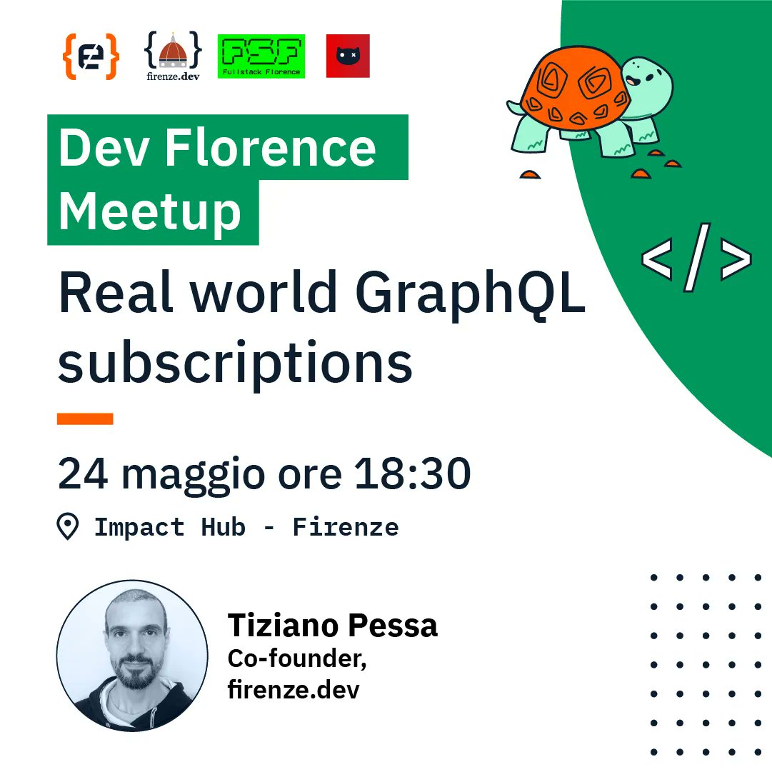 🔊Mancano solo pochi gionri al prossimo evento con FullStackFlorence, <a href="/CodemotionIT/">Codemotion</a>  e <a href="/schrodinger_hat/">Schrödinger Hat</a>. Il nostro Tiziano Pessa ci parlerà delle subscription in #GraphQL. 
🎫 per informazioni e biglietti: lnkd.in/e639cj2E