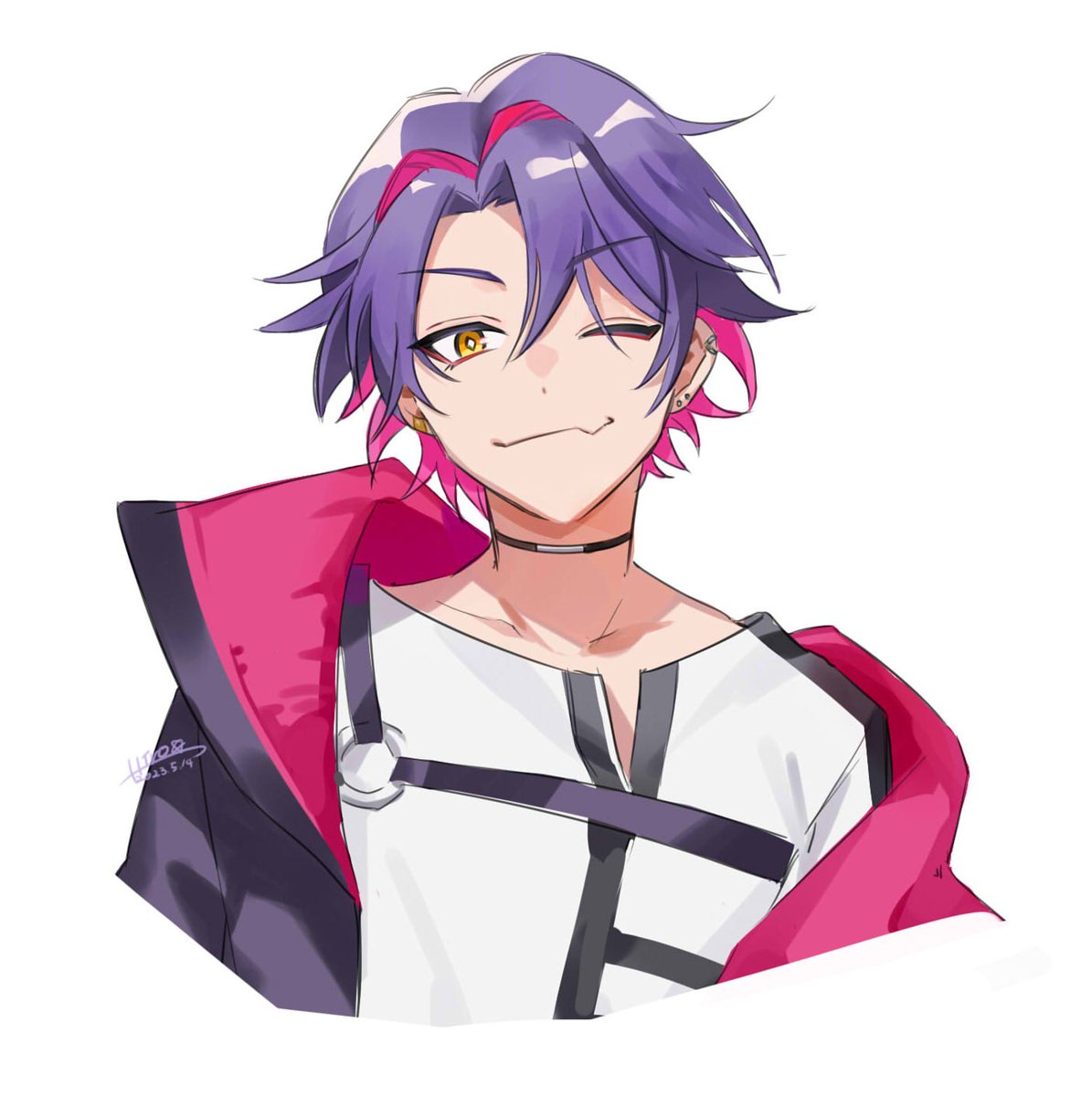 1boy male focus one eye closed purple hair solo white background jacket  illustration images