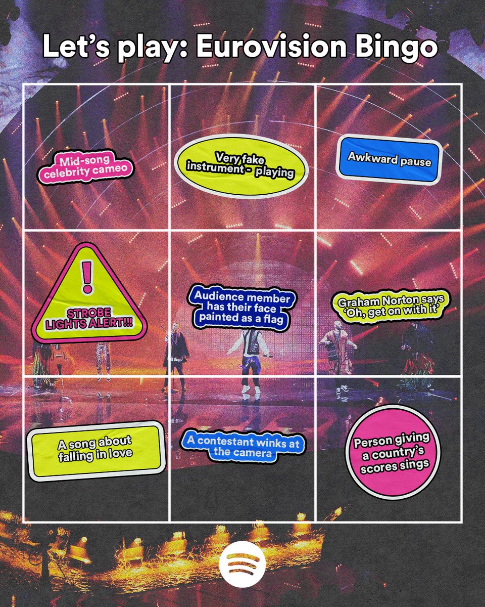 SpotifyUK's tweet photo. What's on your @Eurovision Bingo card tonight? 👀 #Eurovision https://t.co/YaEc3t6Yw1