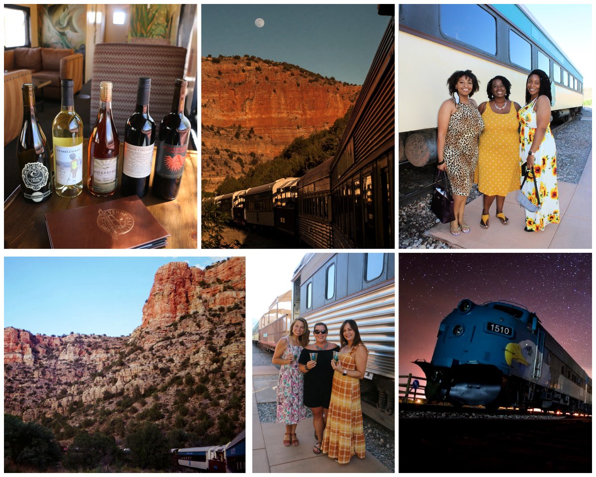 VerdeCanyonRail's tweet photo. The #GrapeTrainEscape, since 2002 a summer highlight aboard #VerdeCanyonRR, shares fantastic wines paired with magnificent #AZ sunset scenery. May 27-Sept. 2. https://t.co/aHJGUH3Cl3 https://t.co/5dQ4LBpBPP