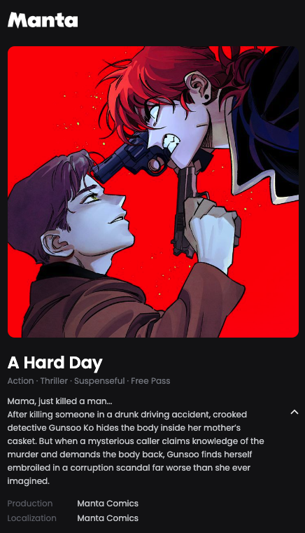 <A Hard Day, 2022>💥 https://manta.net/en/series/a-hard-day?seriesId=1955 <Let's Kill your Husband, 2021>🔪 https://manta.net/en/series/let-s-kill-your-husband?seriesId=1324 <Girl from the Future, 2020>⏰ 