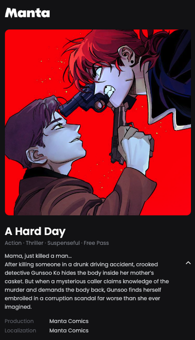 <A Hard Day, 2022>💥 https://manta.net/en/series/a-hard-day?seriesId=1955 <Let's Kill your Husband, 2021>🔪 https://manta.net/en/series/let-s-kill-your-husband?seriesId=1324 <Girl from the Future, 2020>⏰ 