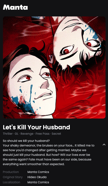 <A Hard Day, 2022>💥 https://manta.net/en/series/a-hard-day?seriesId=1955 <Let's Kill your Husband, 2021>🔪 https://manta.net/en/series/let-s-kill-your-husband?seriesId=1324 <Girl from the Future, 2020>⏰ 