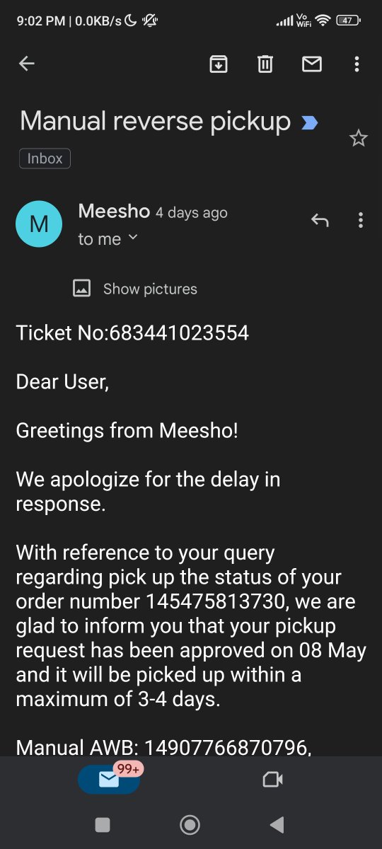 jashsadh94's tweet photo. @meesho_support No there were 2 products 
1 was returned on 7 may for which I got refund and other one was picked on 10 may for which refund is pending. Manual return pickup was arranged by meesho https://t.co/vx5cSaB3dR