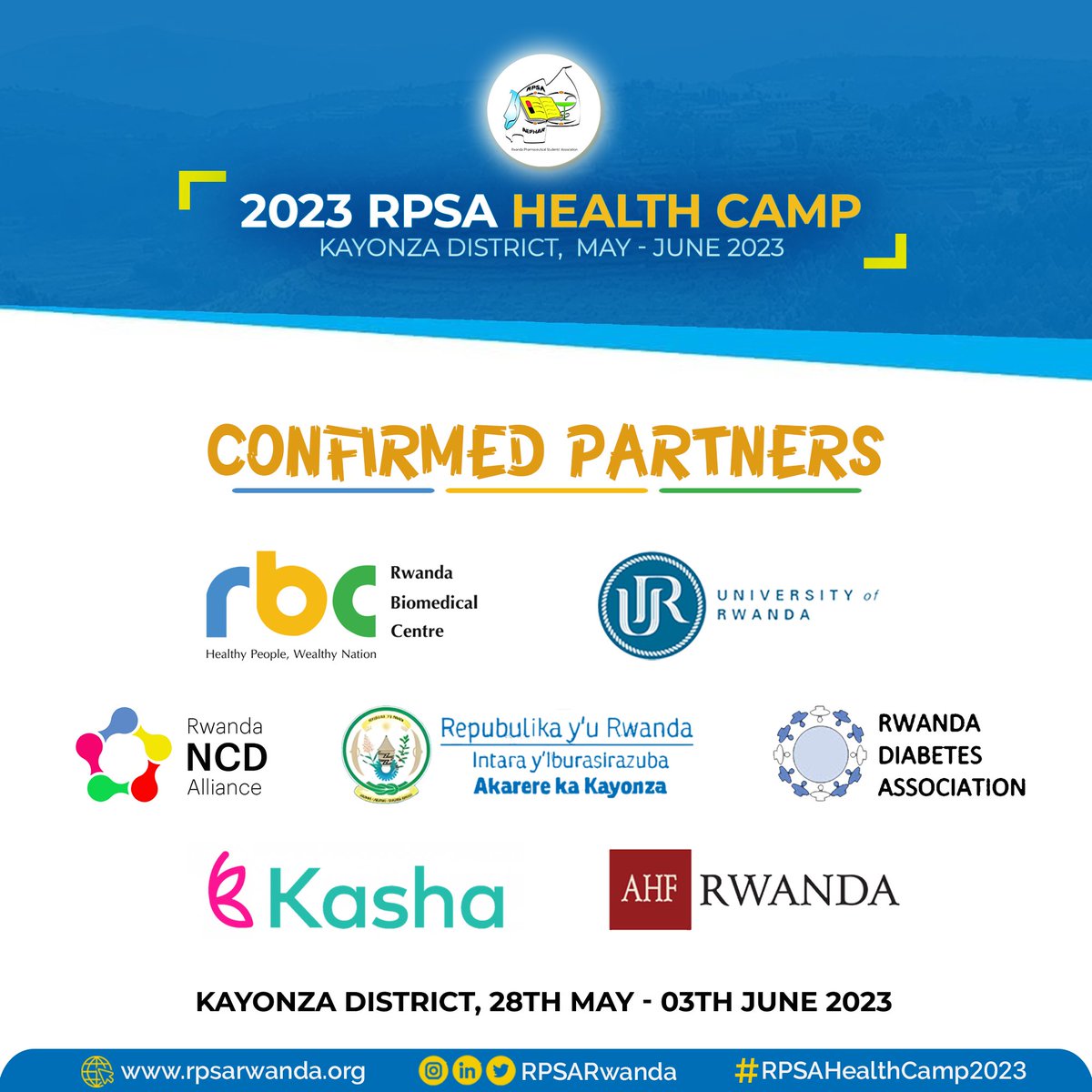 🔵: 𝗥𝗣𝗦𝗔 𝗛𝗲𝗮𝗹𝘁𝗵 𝗖𝗮𝗺𝗽 𝟮𝟬𝟮𝟯

New on the list is the @RwandaNCDA. 

Under the theme “Prioritizing healthy community for a bright future”; found on the top list of our agenda are AMR awareness, SRHR Campaign, and NCDs screening among others.

#RPSAHealthCamp2023