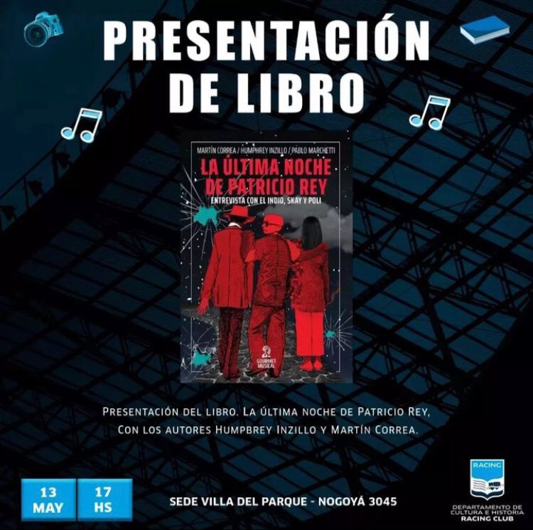 Hoy sábado a las 17hs presentamos <a href="/LaUltimaNochePR/">La Última Noche de Patricio Rey</a> en la sede Villa del Parque de <a href="/RacingClub/">Racing Club</a>, invitados por <a href="/DptoCultEHistRC/">Racing Club Dpto Cultura e Historia</a>. Antes y después hay buenas propuestas 👑 ¡Nos vemos!