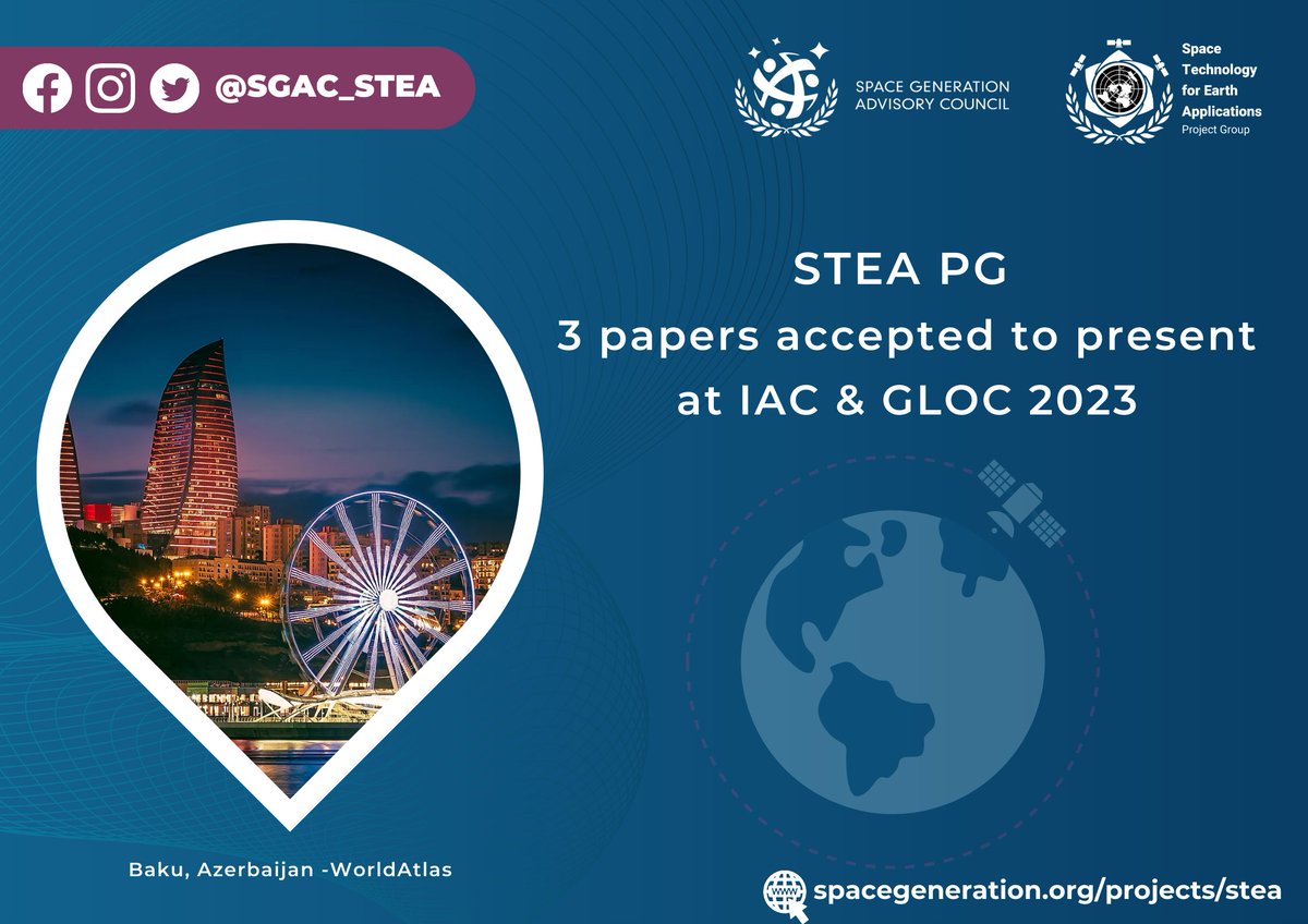 sgac_stea's tweet photo. We are eager to see teams presenting their amazing work at IAC 2023 and GLOC 2023. STEA family is proud to announce that this year we will be submitting three papers to @Iac2023.

For more details visit:
https://t.co/2hYrdvqNue

@SGAC @iafastro https://t.co/Ex6OJFE3xk