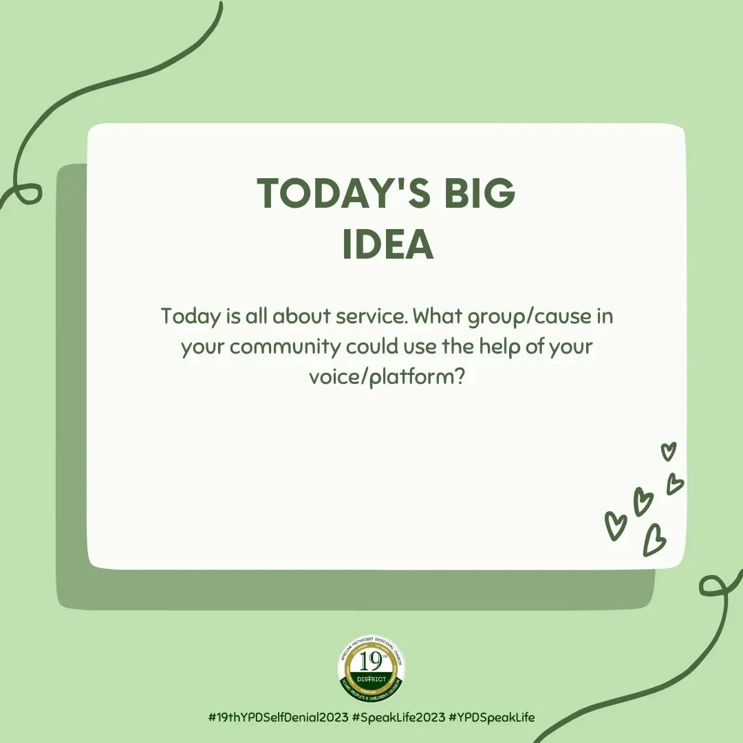 Ypd19th's tweet image. 13 MAY - SELF DENIAL WEEK - SPEAK LIFE - SPEAK TO SERVE
Join us in our daily devotion + fast and activity by using the hashtags #19thYPDSelfDenial2023 #SpeakLife2023 #YPDSpeakLife

Listen to our 19th YPD Self Denial Playlist - Speak Life on Spotify - bit.ly/19thYPDSpeakli…