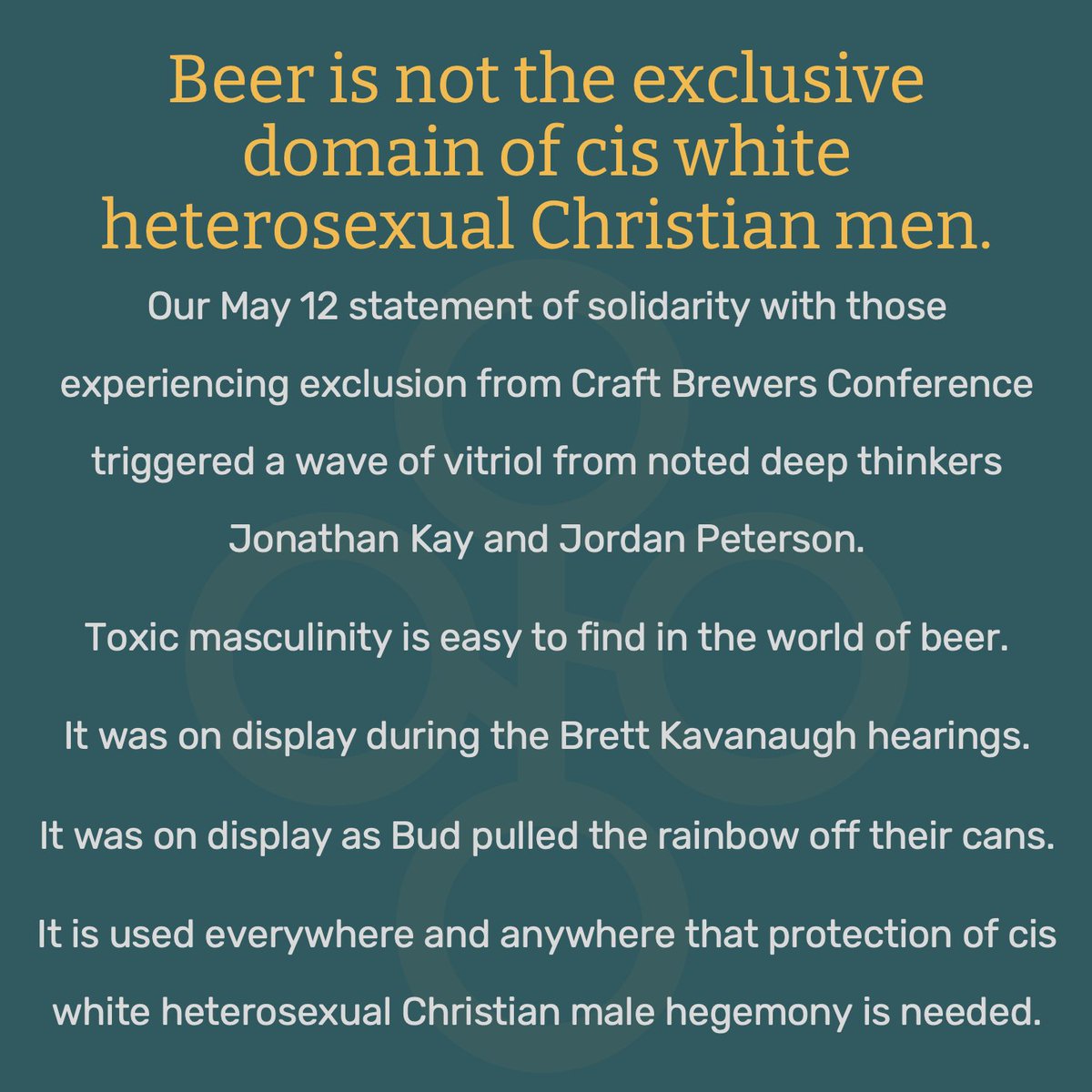 🧵Beer is not the exclusive domain of cis white heterosexual Christian men.

Our May 12 statement of solidarity with those experiencing exclusion from Craft Brewers Conference triggered a wave of vitriol from noted deep thinkers Jonathan Kay and Jordan Peterson. 1/4