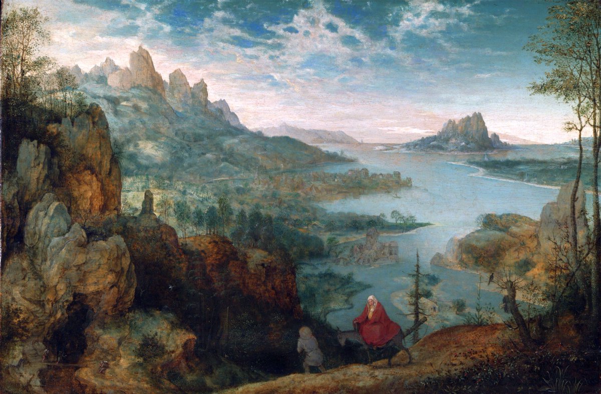 beyzhive's tweet photo. Pieter Bruegel the Elder’s “Landscape with the Flight into Egypt” 1563, depicts the biblical story of the Virgin Mary, Joseph and their infant son Jesus on their way to Egypt to flee persecution. The broad valley and dramatic peaks represent the long and arduous journey ahead. The Holy Mother wears an unusual red cloak in the painting rather than her traditional blue.

Beyoncé appears in the RENAISSANCE World Tour visuals in Balmain’s RENAISSANCE Couture, a hooded crimson red velvet draped jumpsuit with “Landscape with the Flight into Egypt” in the background.

Beyoncé being the Holy Mother here and the infant being “Reneigh” as the BeyHive endearingly calls the disco mirrored horse, a personification of RENAISSANCE the album, in her womb as she gives birth to the tour on stage, which was a “long and arduous journey,” 4 years in the making.

RENAISSANCE the album and CLUB RENAISSANCE has been celebrated by fans and music critics across the world and now the tour, as a form of escape for queer folks of all backgrounds and ethnicities providing them a safe space to share joy and love and live their truth.

#RWT2023