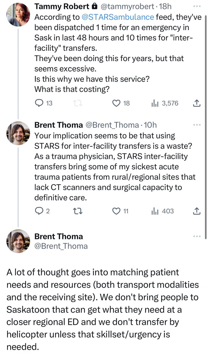 Chad4Mayor's tweet photo. Tammy Robert calls out an expert for “mansplaining” something to her.

He’s a professor in emergency medicine in Saskatchewan. He clearly knows more on the subject of emergency inter-facility transfers than most people in the province do.

That’s not mansplaining. https://t.co/HoIs8K5UAN