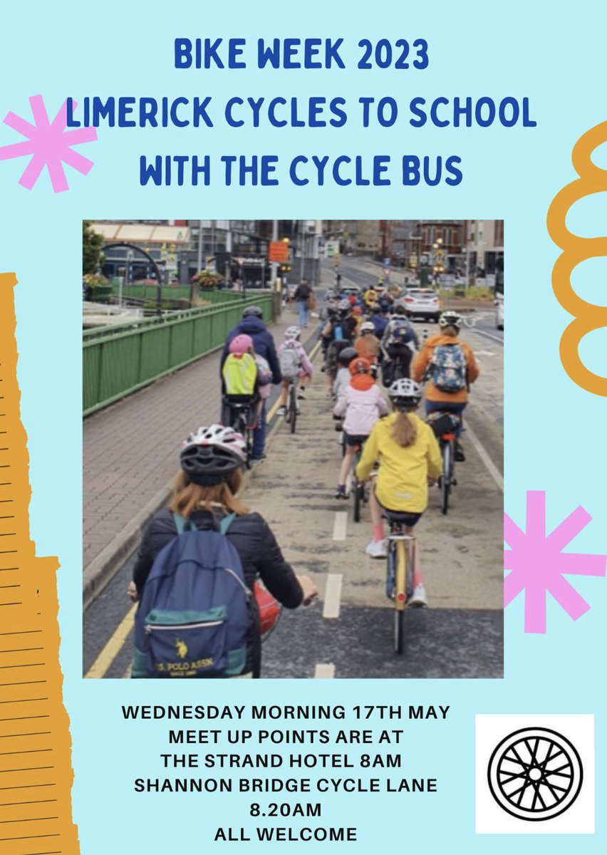 As part of #BikeWeek2023 we are inviting #Limerick to cycle to school with us next Wed morning!

Everyone is welcome, any route, any school - get out and show your support for all our junior cyclists.

We need more kids on 🚲 &amp; they need your support to make every week bike week!