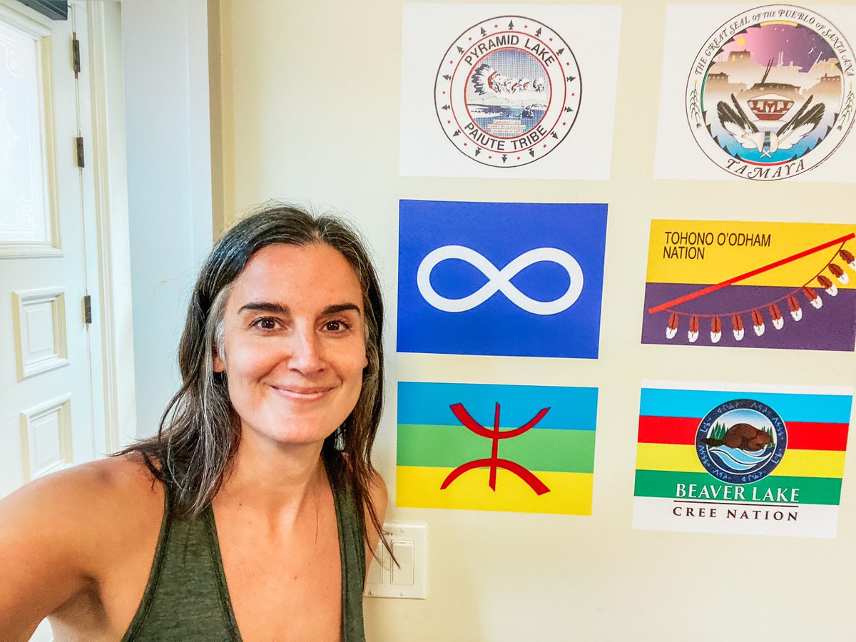 TanisParenteau's tweet image. @Yale Indigenous Performing Arts Program for @emanuellemarie’s Yuchewahkenh and seen a Métis flag on the wall, which means there’s a Métis student at Yale somewhere! Lookit all these flags! @yalenatives ♾️🪶 #métis #yale #yipap #yalenatives