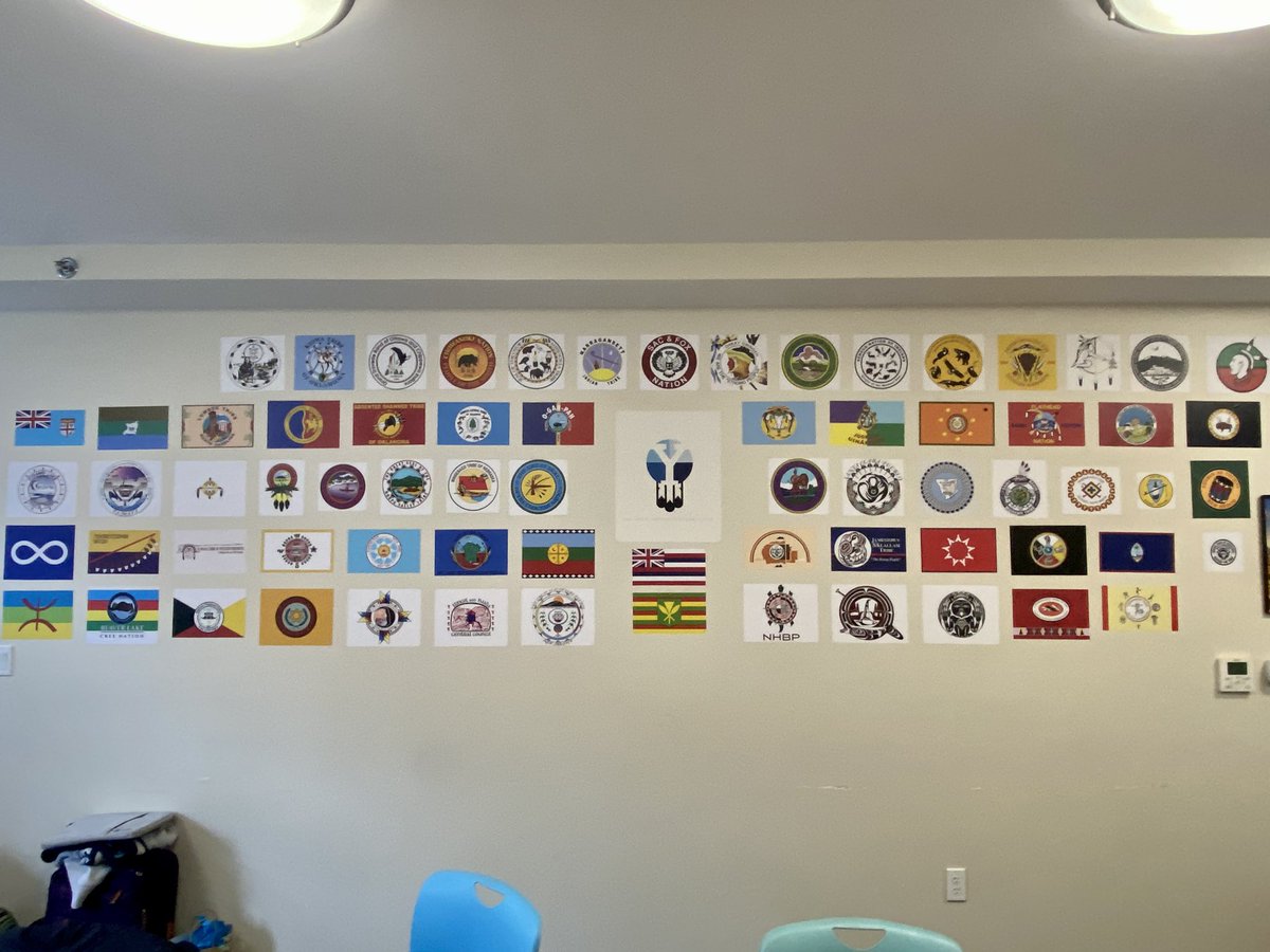 TanisParenteau's tweet image. @Yale Indigenous Performing Arts Program for @emanuellemarie’s Yuchewahkenh and seen a Métis flag on the wall, which means there’s a Métis student at Yale somewhere! Lookit all these flags! @yalenatives ♾️🪶 #métis #yale #yipap #yalenatives
