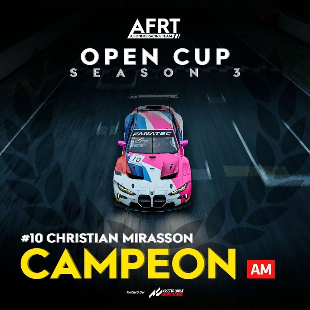 afrt_simracing's tweet photo. ¡Presentamos al campeón de la AFRT Open Cup Season 3!

En la clase AM, Christian Mirasson 🇺🇾 (@arrastasta_racing) se quedó con el campeonato luego de 4 victorias sobre 5 carreras disputadas. En la carrera restante obtuvo un cuarto puesto demostrando un g… https://t.co/l6WqiYANT6 https://t.co/uZ7oYF6GXp